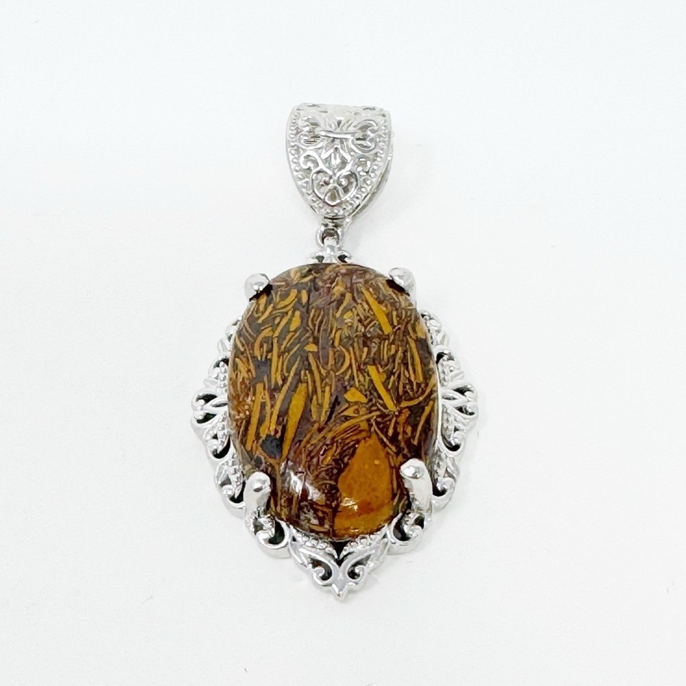 STS Karis Ornate Petrified Wood Pendant Stainless Steel